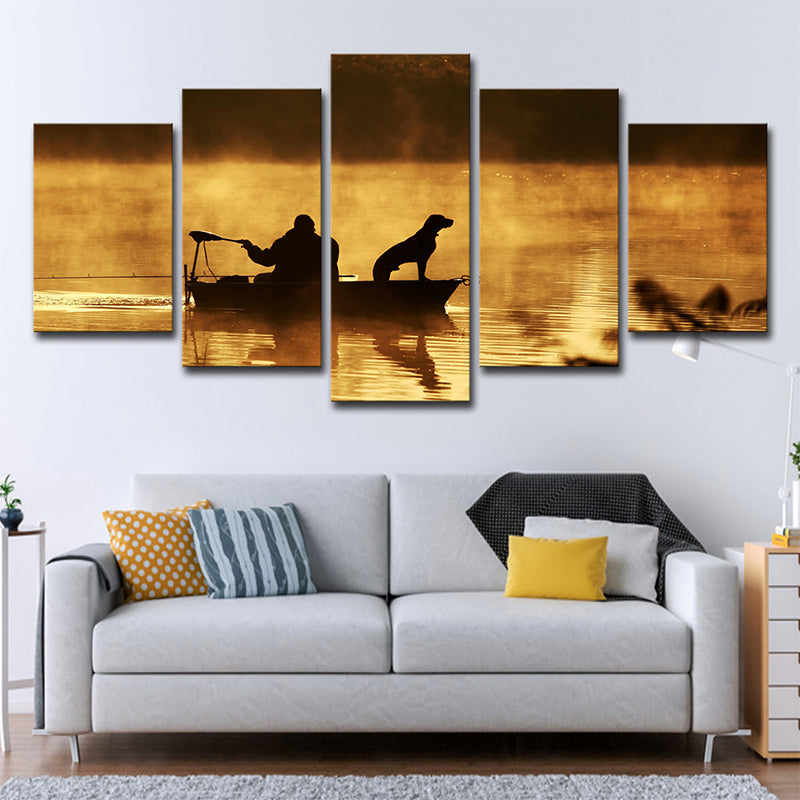 Vivolux | Fischer und sein Hund Leinwanddruck Brauner Moderner Stil Wandkunst Dekor für Wohnzimmer