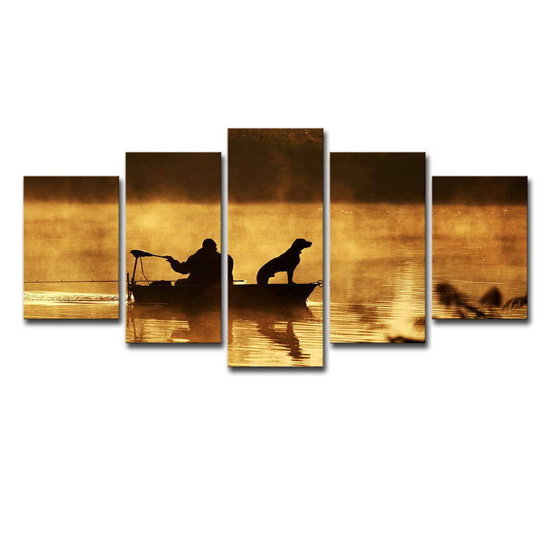 Vivolux | Fischer und sein Hund Leinwanddruck Brauner Moderner Stil Wandkunst Dekor für Wohnzimmer