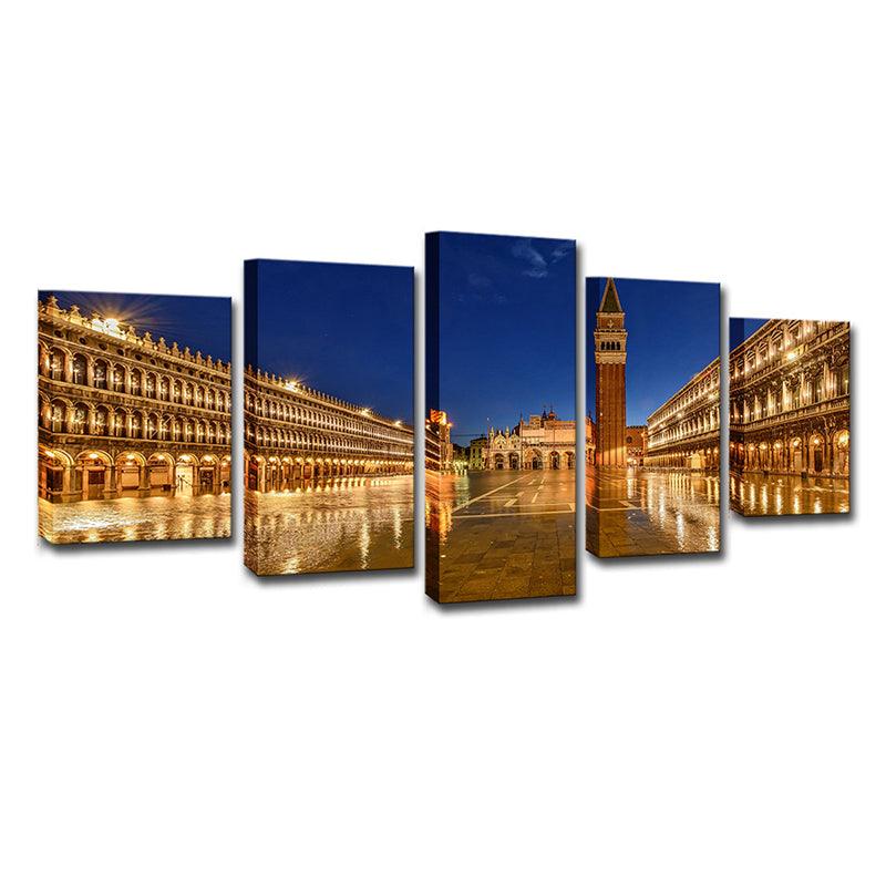Vivolux | Piazza San Marco Nacht Leinwanddruck Global Inspiriertes Mehrteiliges Wandkunstdekor in Gold