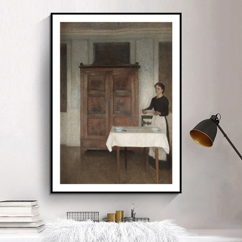 Vivolux | Nostalgisch das Dienstmädchen Gemälde Kunstdruck Braune Texturierte Wanddekoration für das Esszimmer