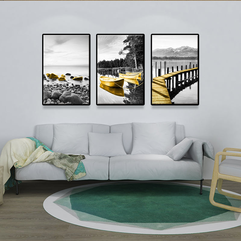 Vivolux | Shore Landscape Wandkunst Dekor in Gold Tropix Leinwanddruck für das Wohnzimmer, Set von 3