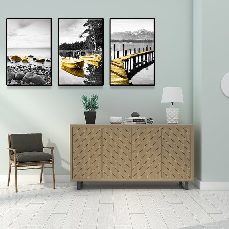 Vivolux | Shore Landscape Wandkunst Dekor in Gold Tropix Leinwanddruck für das Wohnzimmer, Set von 3