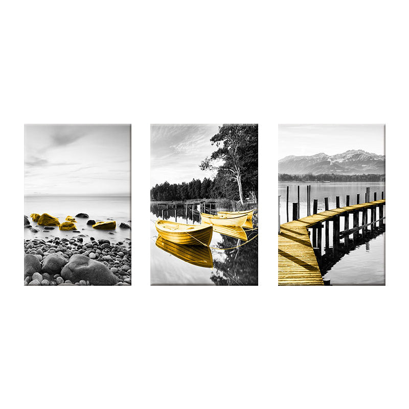 Vivolux | Shore Landscape Wandkunst Dekor in Gold Tropix Leinwanddruck für das Wohnzimmer, Set von 3