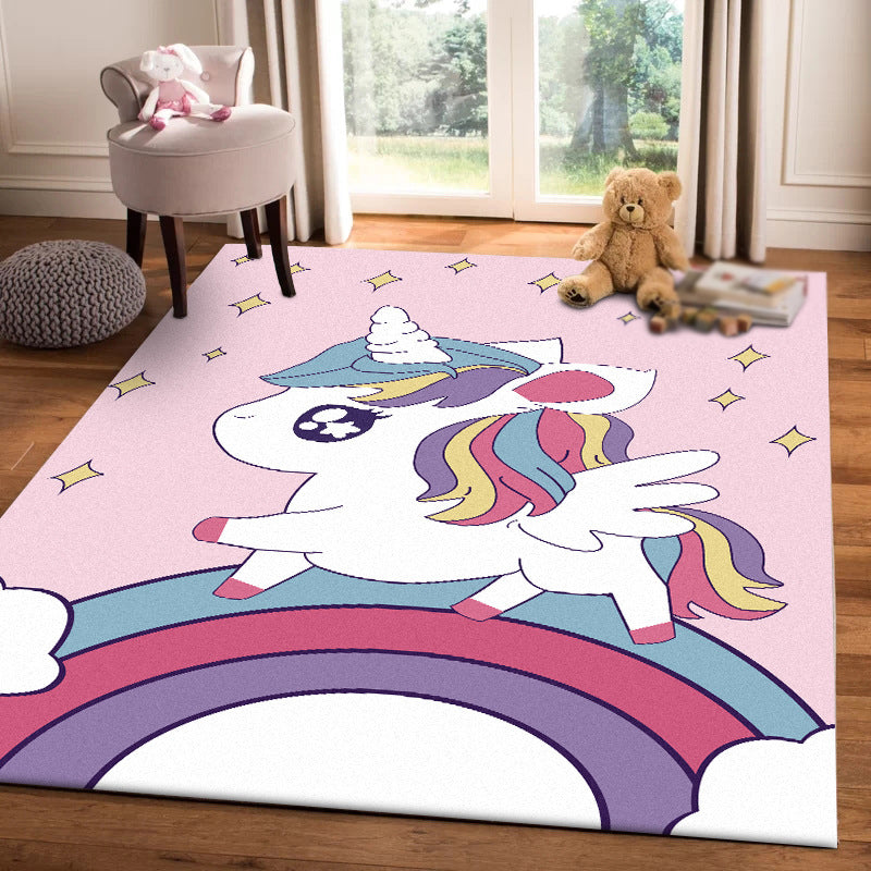 Vivolux | Rosa Kinderzimmer Teppich Kinder Tier Einhorn Regenbogen Muster Bereichsteppich Polyester Rutschfeste Rückseite Teppich
