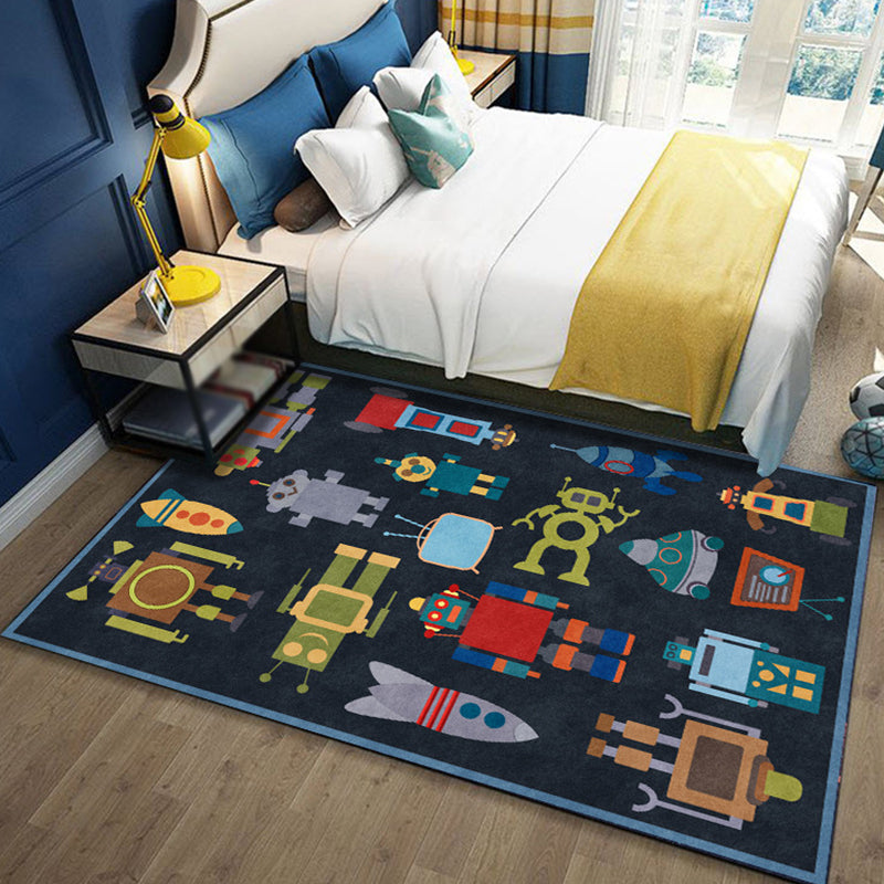 Vivolux | Uniek Kinderen Tapijt in Blauw Buitenruimterobot Raketpatroon Tapijt Polyester Antislip Achterkant Tapijt voor Kinderkamer