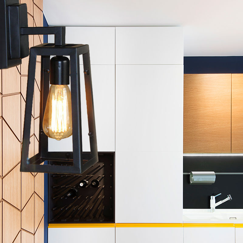 Vivolux | 1 Glühbirne Trapezförmige Käfig Wandlampe Industriell Stilvolles Matt Schwarz Metall Wandmontage Licht für Wohnzimmer
