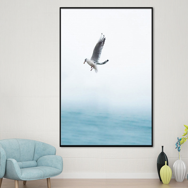 Vivolux | Textured blue wall decor modern seagull flying over the ocean canvas wall art for home