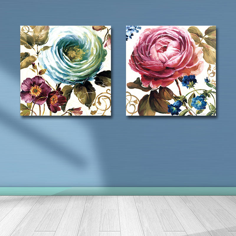 Vivolux | Wunderschönes Pfingstrosen-Wandkunst-Set für das Wohnzimmer Blumenmalerei Leinwanddruck in Pink-Blau