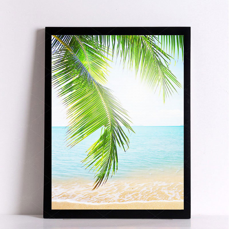 Vivolux | Tropics Palm Tree Branches Leinwanddruck Grün und Blau Strand Seascape Wandkunst