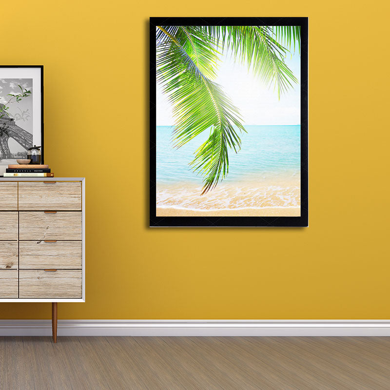 Vivolux | Tropics Palm Tree Branches Leinwanddruck Grün und Blau Strand Seascape Wandkunst