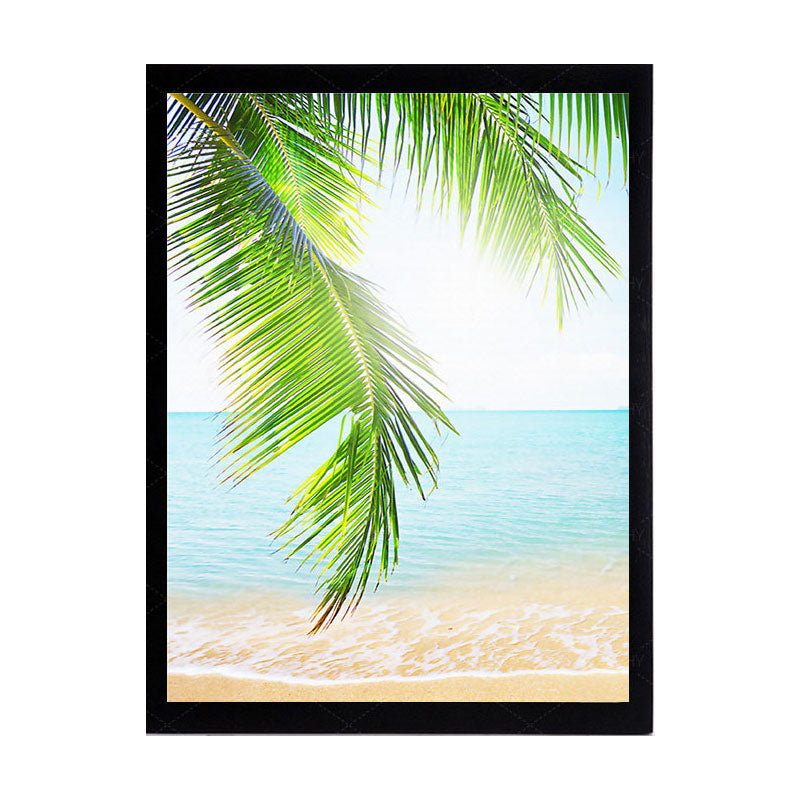 Vivolux | Tropics Palm Tree Branches Leinwanddruck Grün und Blau Strand Seascape Wandkunst