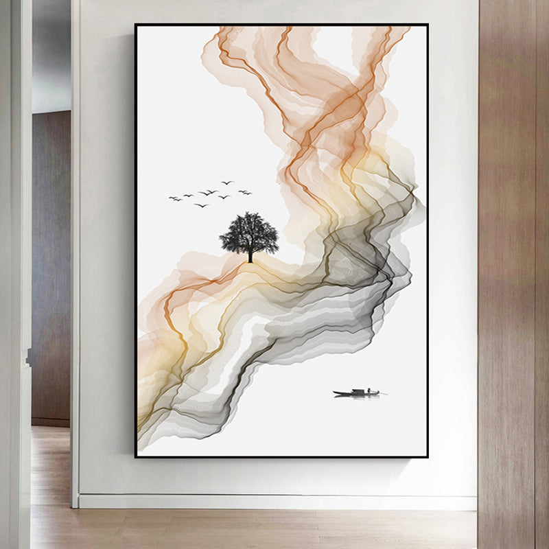 Vivolux | Weißer asiatischer Stil Wandkunst Wasserfluss und Boot Landschaft Leinwanddruck für Wohnzimmer