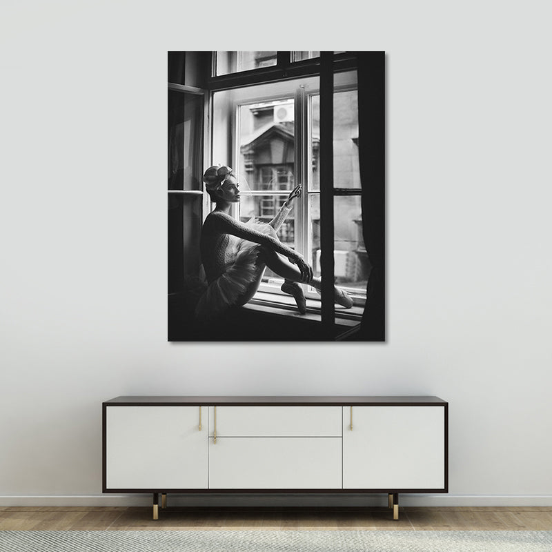 Vivolux | Nostalgische Leinwand Wandkunst Graues Foto Balletttänzerin am Fenster Wanddekoration