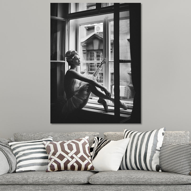 Vivolux | Nostalgische Leinwand Wandkunst Graues Foto Balletttänzerin am Fenster Wanddekoration