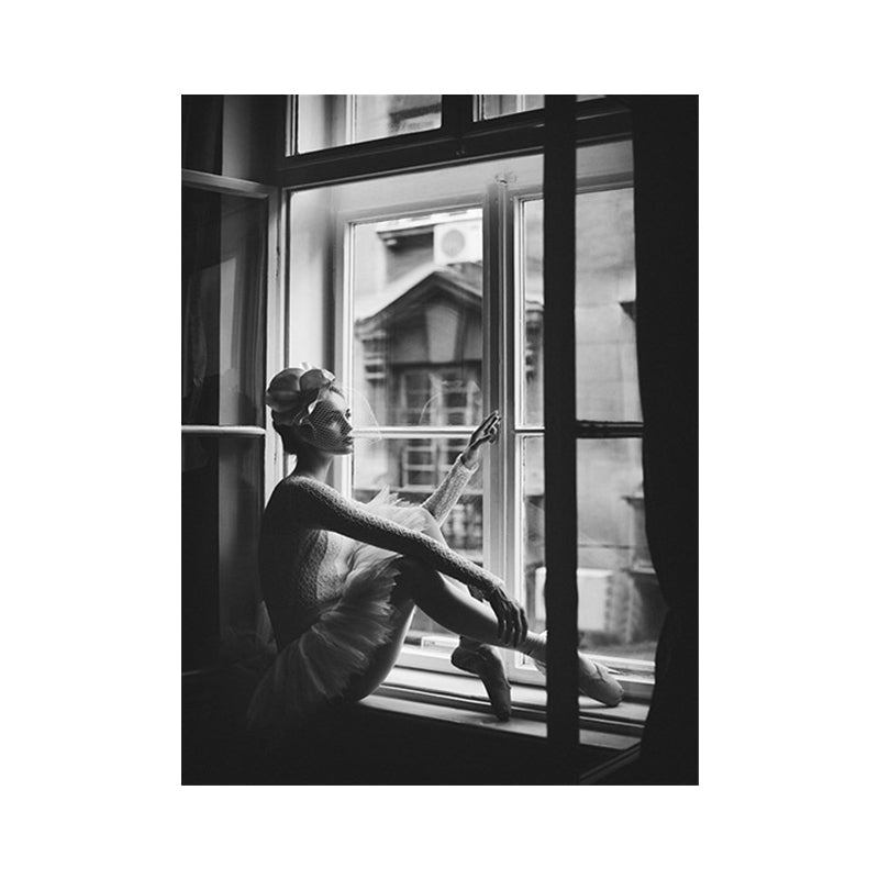 Vivolux | Nostalgische Leinwand Wandkunst Graues Foto Balletttänzerin am Fenster Wanddekoration