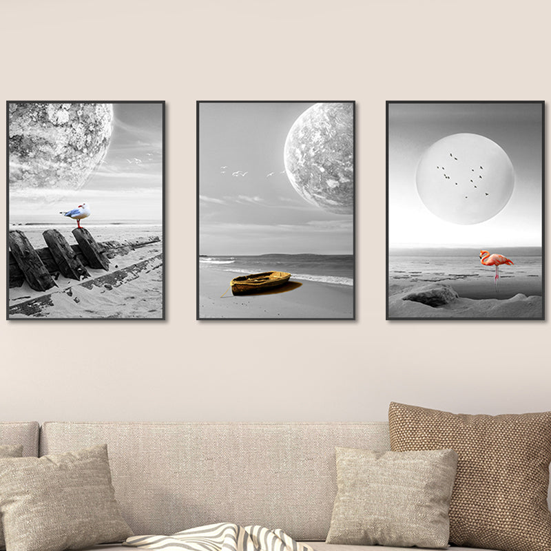 Vivolux | Seascape Wandkunst Set Moderne Sci-Fi Strand und schwebender Planet Eingewickelte Leinwand in Grau