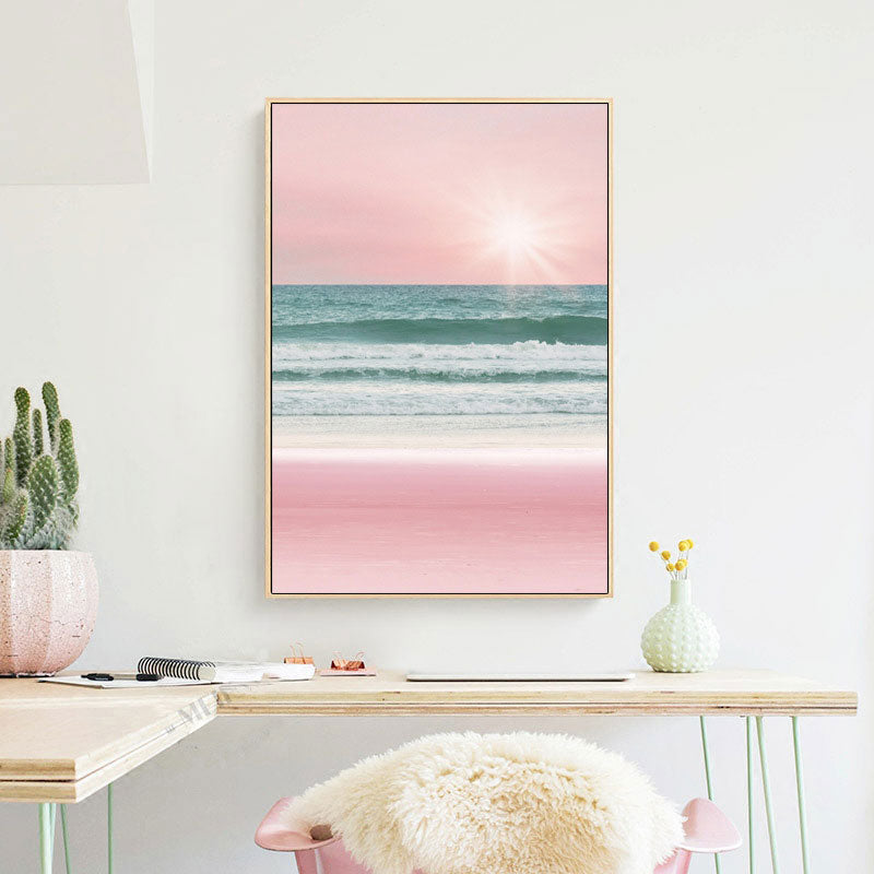 Vivolux | Tropische Meereslandschaft Eingewickelte Leinwand in Pink-Blau Mädchen Schlafzimmer Wandkunst Druck, Strukturiert