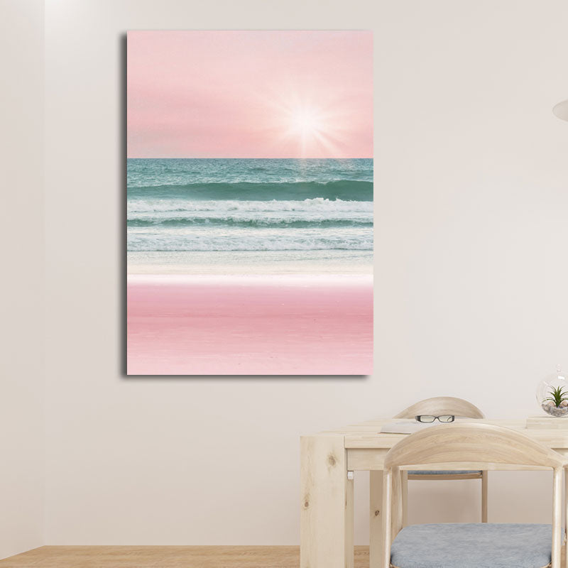 Vivolux | Tropische Meereslandschaft Eingewickelte Leinwand in Pink-Blau Mädchen Schlafzimmer Wandkunst Druck, Strukturiert