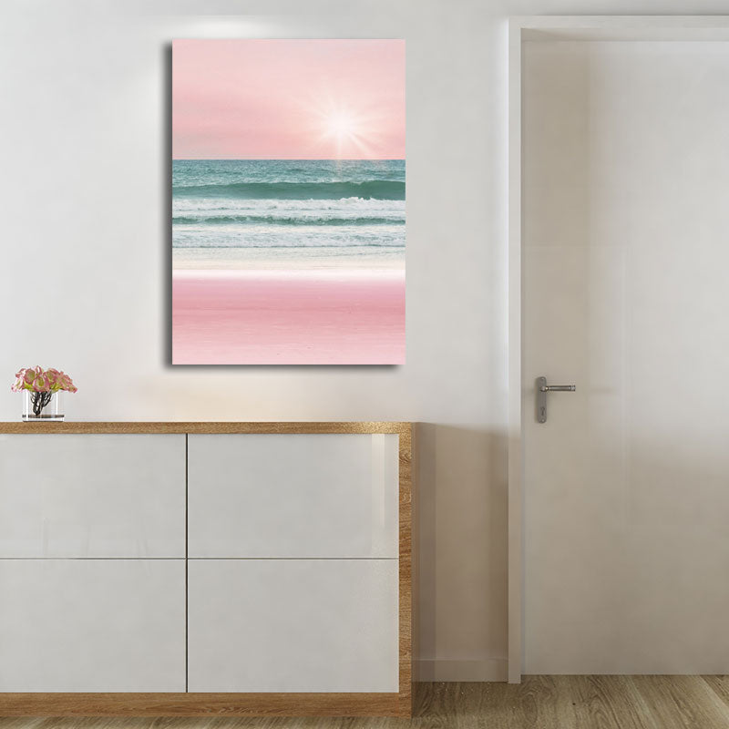 Vivolux | Tropische Meereslandschaft Eingewickelte Leinwand in Pink-Blau Mädchen Schlafzimmer Wandkunst Druck, Strukturiert