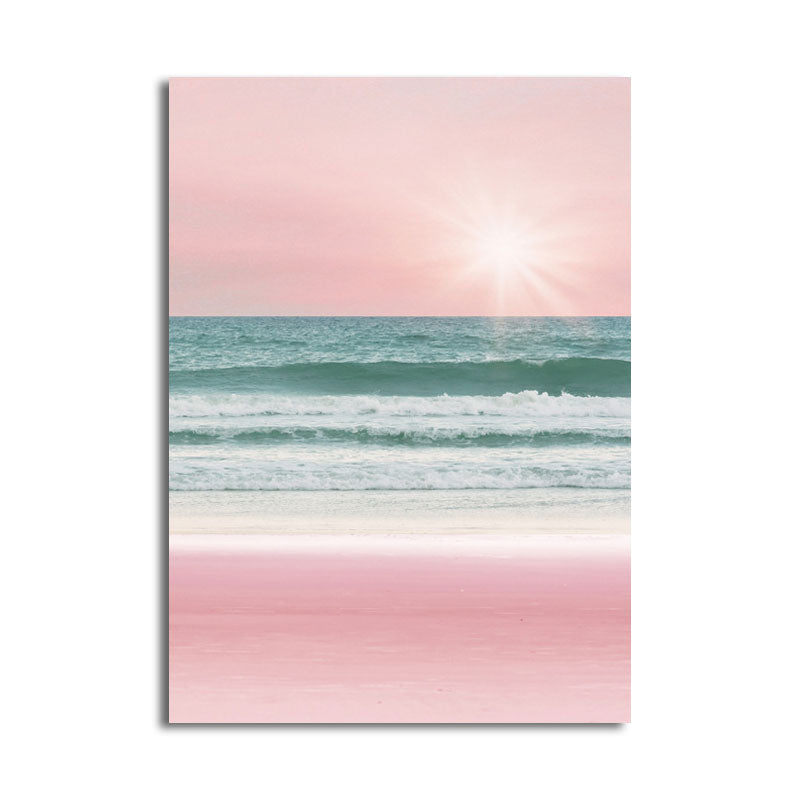 Vivolux | Tropische Meereslandschaft Eingewickelte Leinwand in Pink-Blau Mädchen Schlafzimmer Wandkunst Druck, Strukturiert