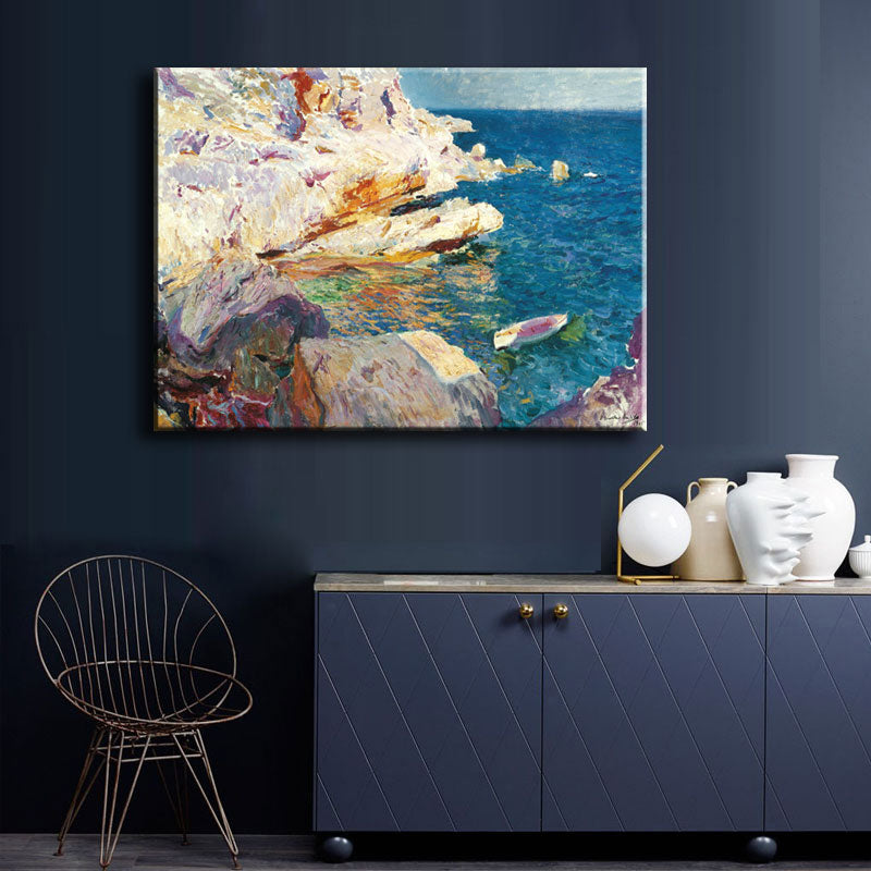 Vivolux | Tropische Ozean Felsen Küste Leinwand Kunst Blau-Weiß Texturiertes Gemälde für das Wohnzimmer
