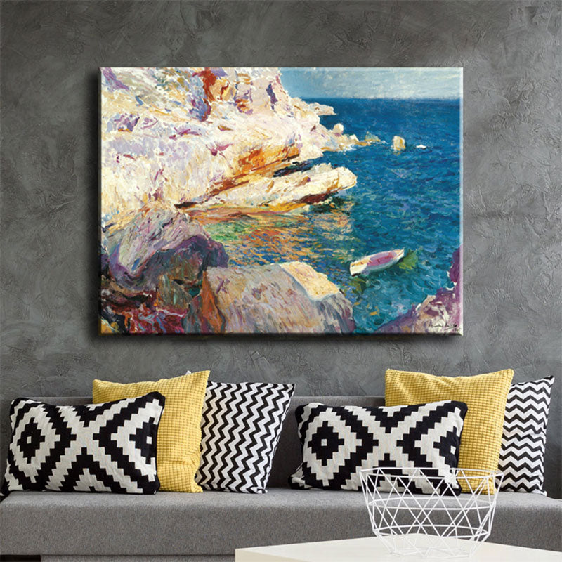 Vivolux | Tropische Ozean Felsen Küste Leinwand Kunst Blau-Weiß Texturiertes Gemälde für das Wohnzimmer