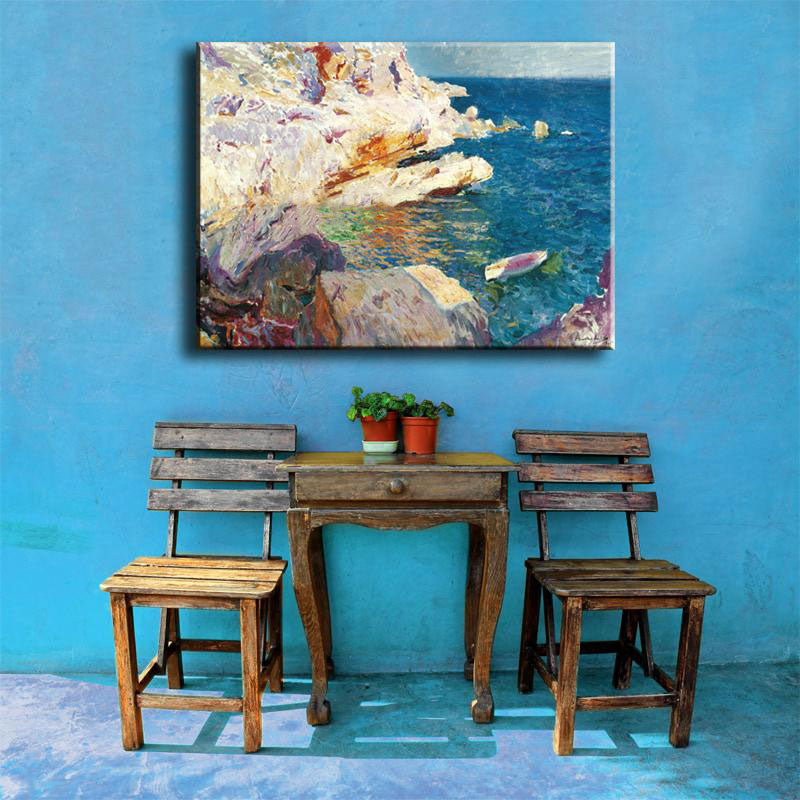 Vivolux | Tropische Ozean Felsen Küste Leinwand Kunst Blau-Weiß Texturiertes Gemälde für das Wohnzimmer