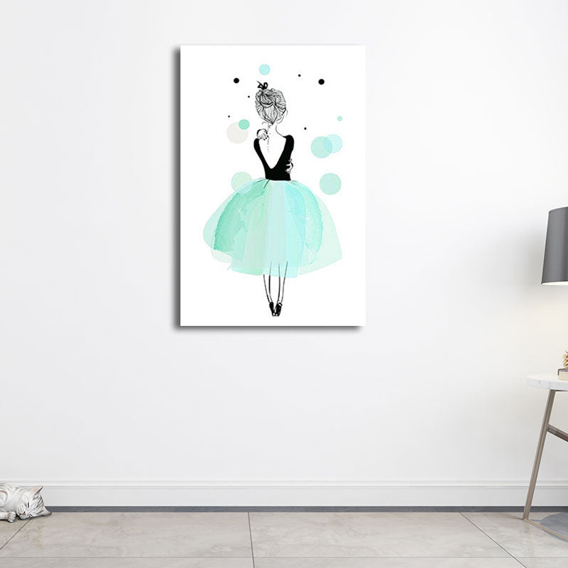 Vivolux | Rückseite der Ballerina Aquarell Leinwand Moderne Texturierte Wandkunst Druck in Grün für das Mädchenzimmer