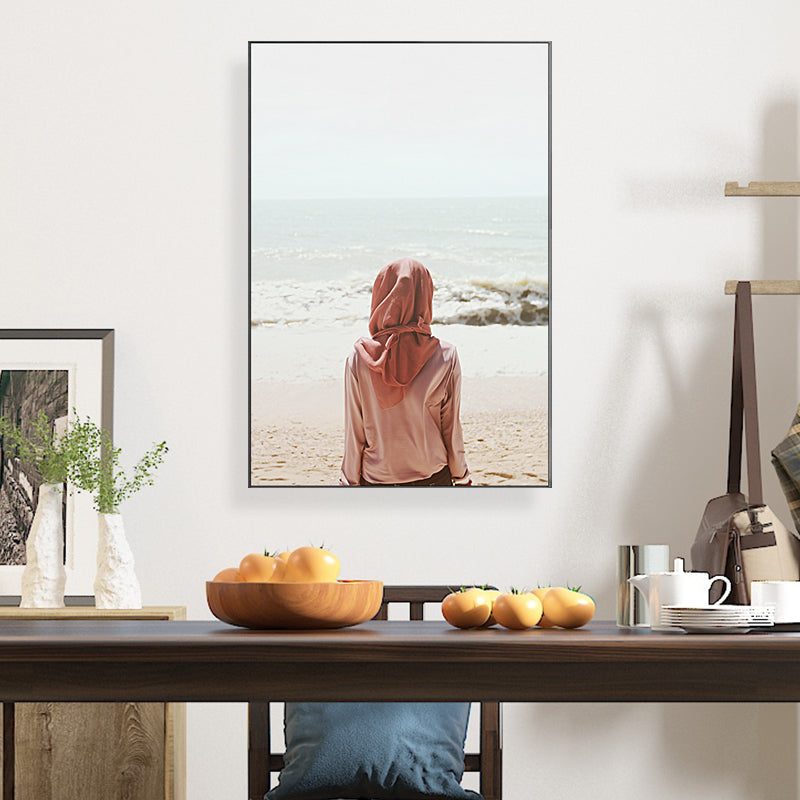 Vivolux | Tropics Beach Wandkunst Dekor Rotes Mädchen, das allein auf das Meer schaut, Leinwanddruck für den Raum