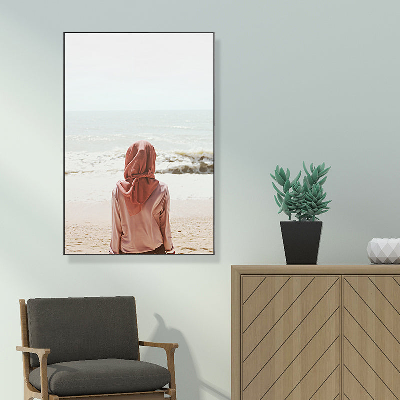 Vivolux | Tropics Beach Wandkunst Dekor Rotes Mädchen, das allein auf das Meer schaut, Leinwanddruck für den Raum