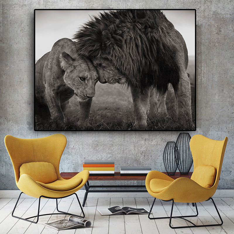 Vivolux | Koning van Savanna Leeuwen Canvas Afdruk Grijze Modernistische Wandkunst Afdruk voor Zitkamer