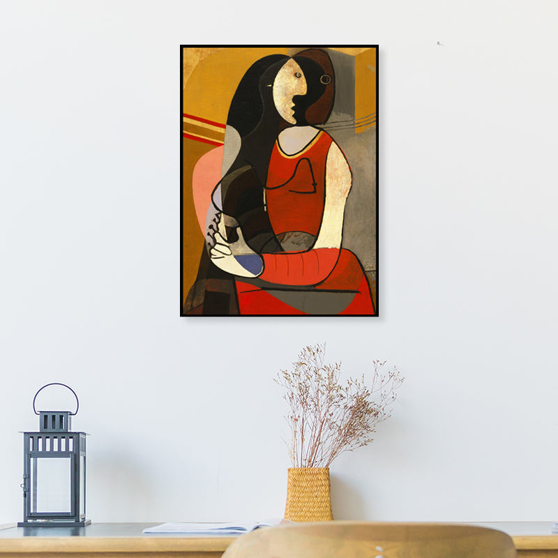 Vivolux | Picasso-Stil Sitzende Frau Malerei Traditionelle Leinwand Wandkunst in Rot und Schwarz