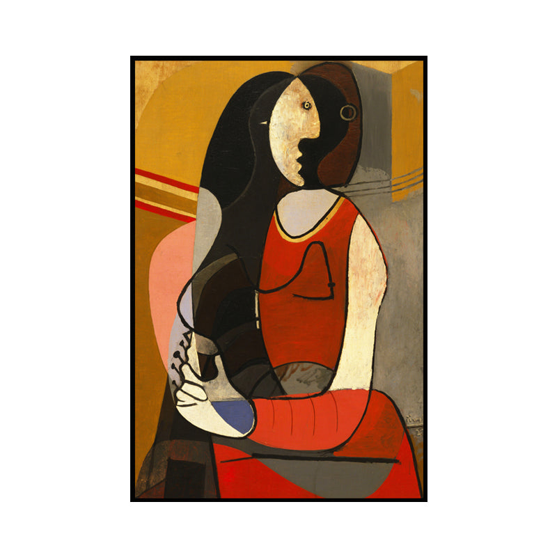 Vivolux | Picasso-Stil Sitzende Frau Malerei Traditionelle Leinwand Wandkunst in Rot und Schwarz