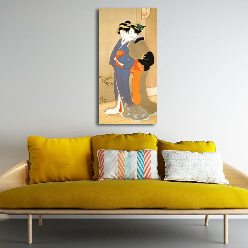 Vivolux | Orange Flüsternde Frau Wandkunst Ukiyoe Asiatische Texturierte Canvas-Druck für Gästezimmer