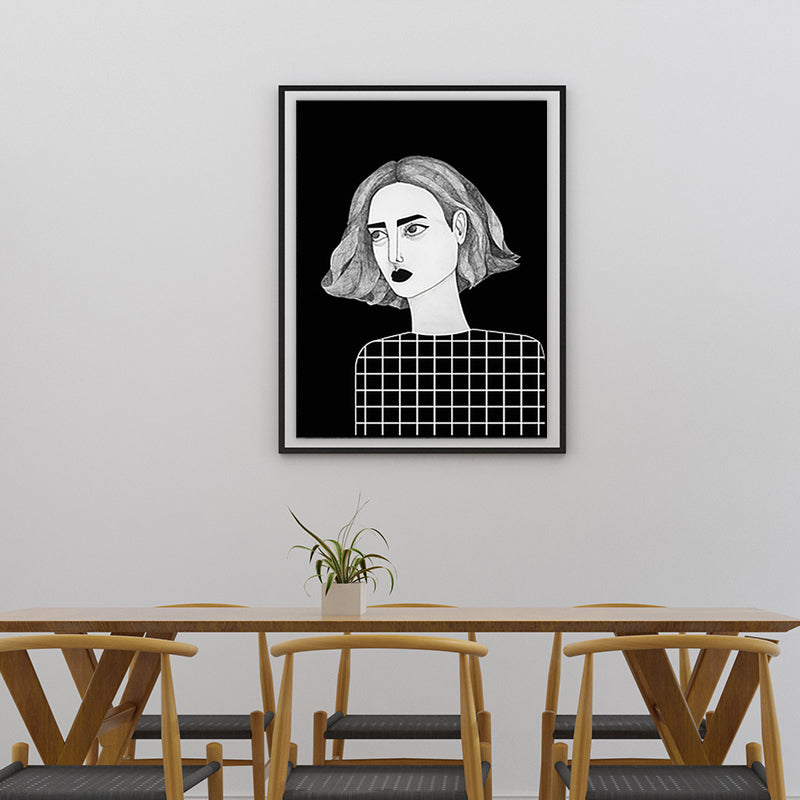 Vivolux | Texturierte schwarze Wandkunst Dekor Skandinavische Illustrationen Frau Leinwanddruck für das Wohnzimmer