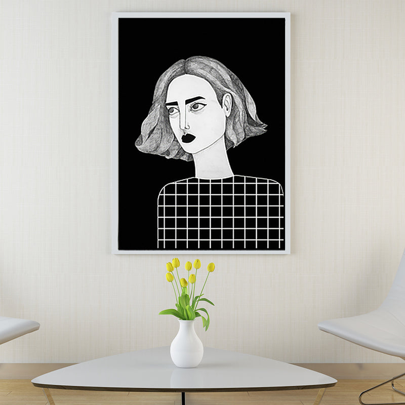 Vivolux | Texturierte schwarze Wandkunst Dekor Skandinavische Illustrationen Frau Leinwanddruck für das Wohnzimmer