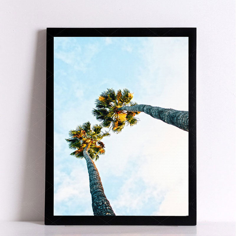 Vivolux | Palm Tree Looking-Up Leinwanddruck Tropische Texturierte Wandkunst in Blau für Zuhause