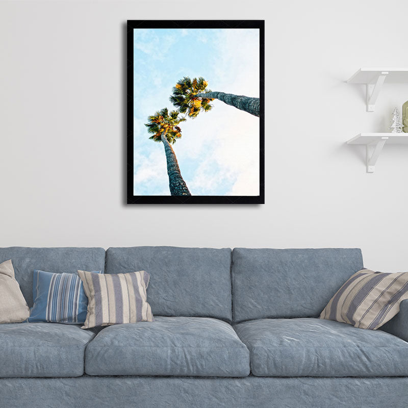 Vivolux | Palm Tree Looking-Up Leinwanddruck Tropische Texturierte Wandkunst in Blau für Zuhause