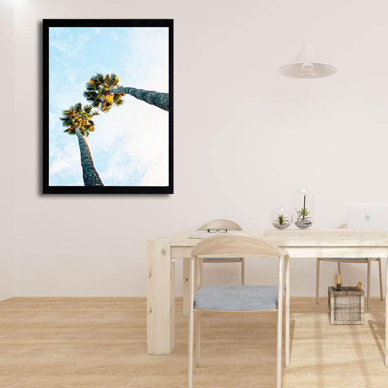 Vivolux | Palm Tree Looking-Up Leinwanddruck Tropische Texturierte Wandkunst in Blau für Zuhause