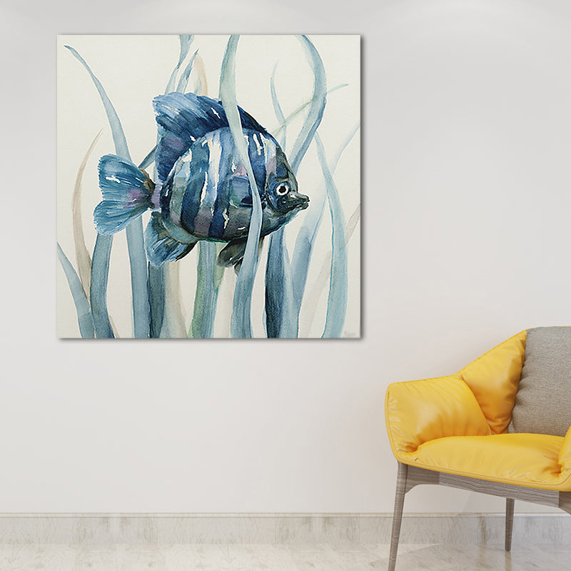 Vivolux | Tropische Fische Wandkunst Druck Leinwand Texturierte Oberfläche Blaue Wanddekoration für das Kinderzimmer