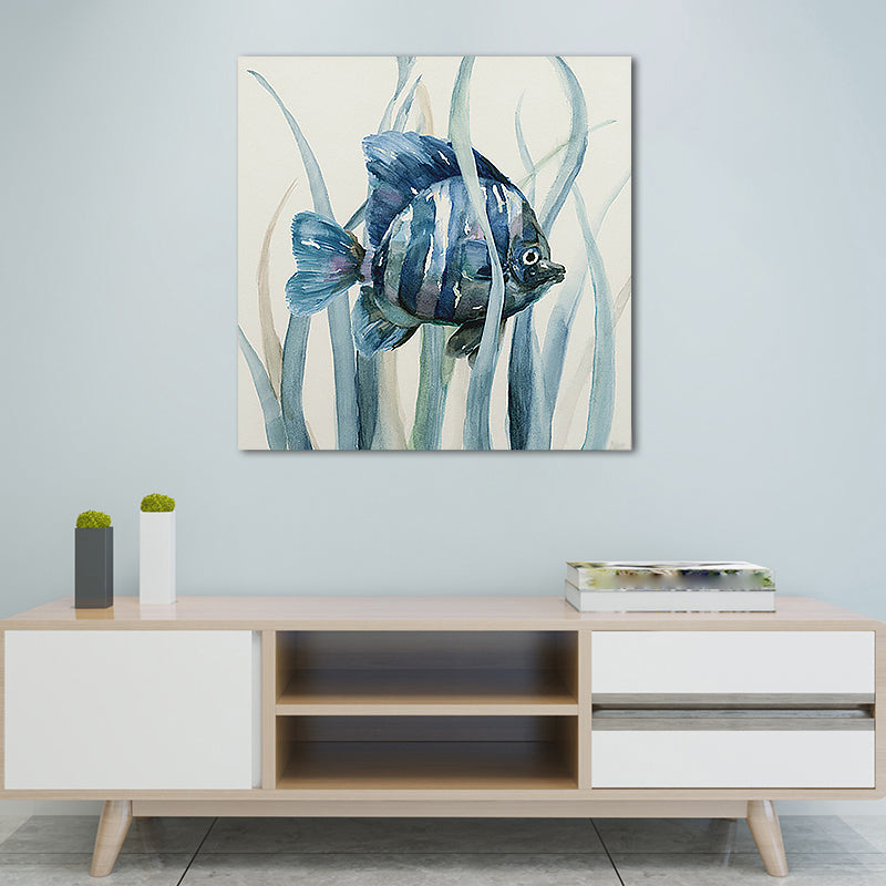 Vivolux | Tropische Fische Wandkunst Druck Leinwand Texturierte Oberfläche Blaue Wanddekoration für das Kinderzimmer
