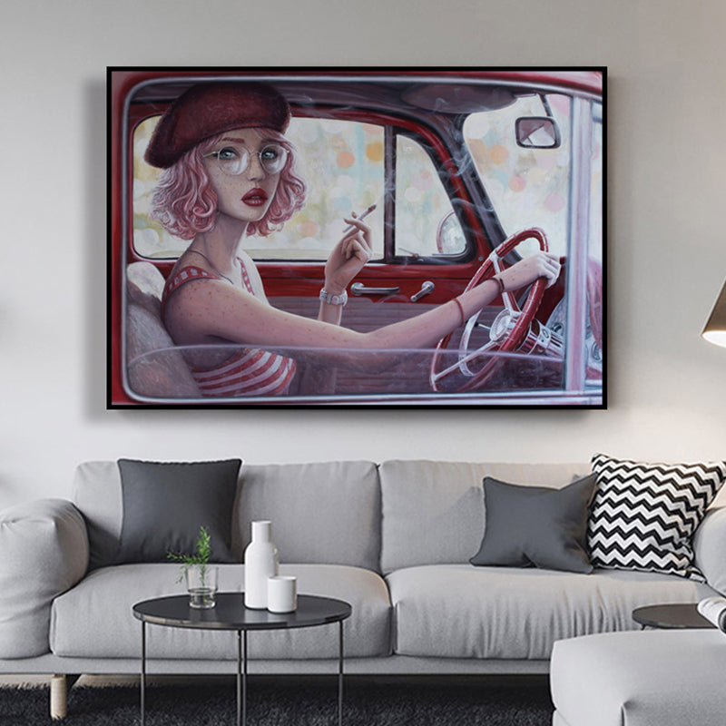 Vivolux | Rotes Mädchen Autofahren Malerei Texturierte Oberfläche Traditionelle Esszimmer Wandkunst