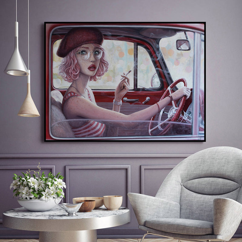Vivolux | Rotes Mädchen Autofahren Malerei Texturierte Oberfläche Traditionelle Esszimmer Wandkunst