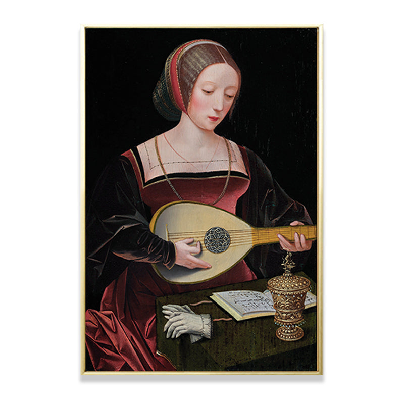Vivolux | Rotes Frau, die Laute spielende Malerei, musikalische, vintage, strukturierte Leinwandkunst für das Wohnzimmer