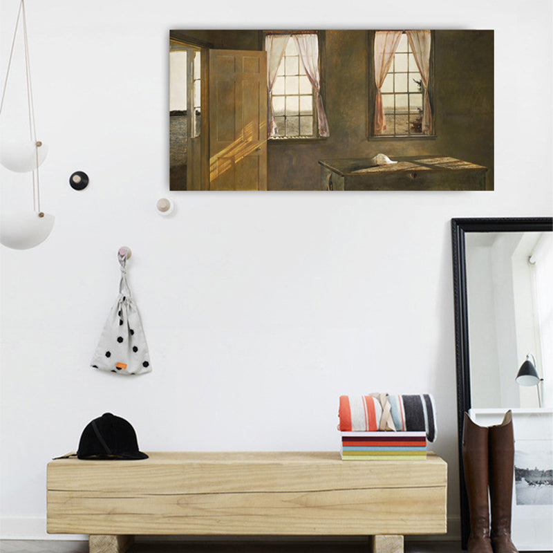 Vivolux | Raum mit zwei Fenstern Malerei Moderne Texturierte Haus Innen Wand Kunst Druck in Gelb