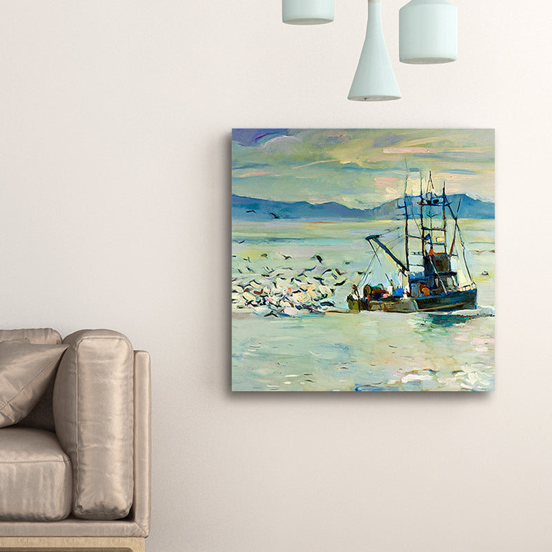 Vivolux | Traditionelle Wandkunstdruck Blauer Möwe und Fischerboot auf dem Ozean Gemälde für Zuhause