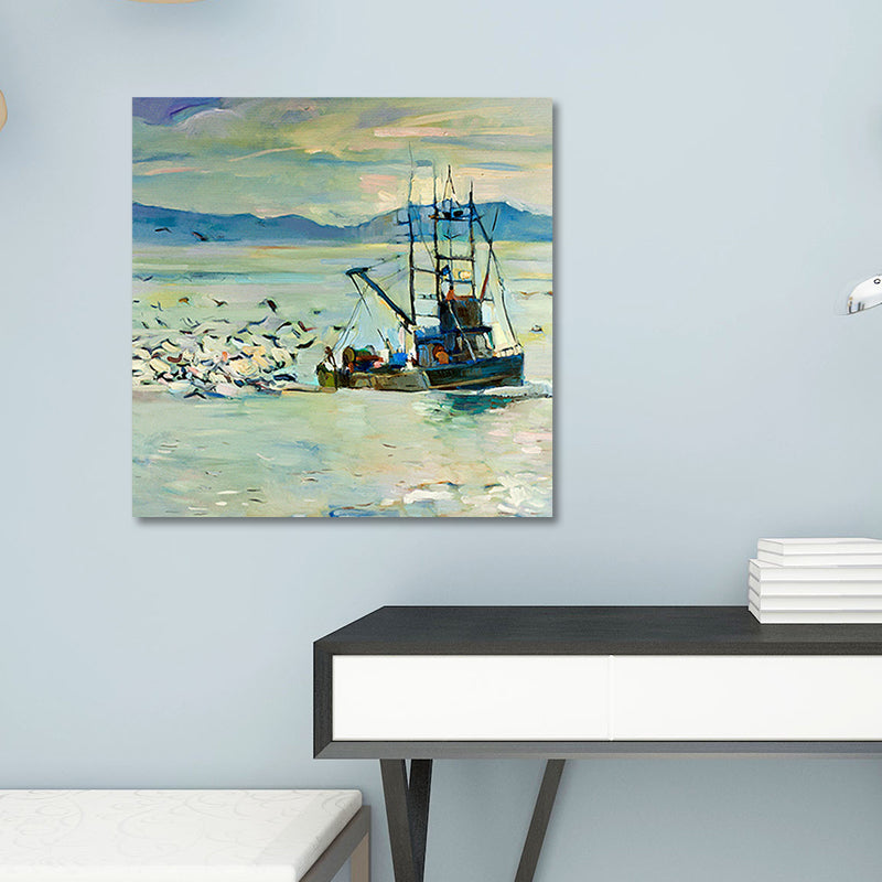 Vivolux | Traditionelle Wandkunstdruck Blauer Möwe und Fischerboot auf dem Ozean Gemälde für Zuhause