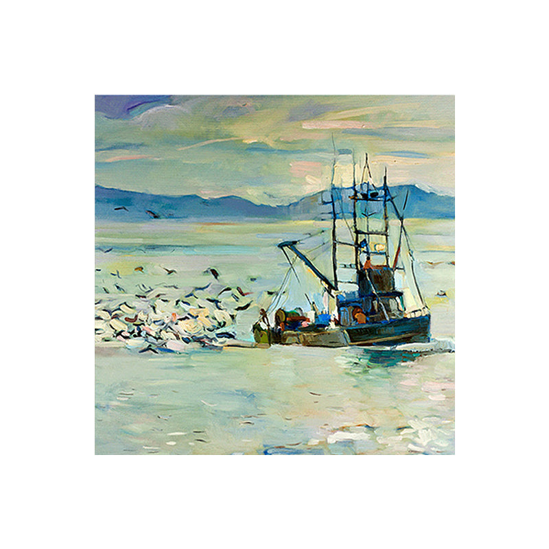 Vivolux | Traditionelle Wandkunstdruck Blauer Möwe und Fischerboot auf dem Ozean Gemälde für Zuhause
