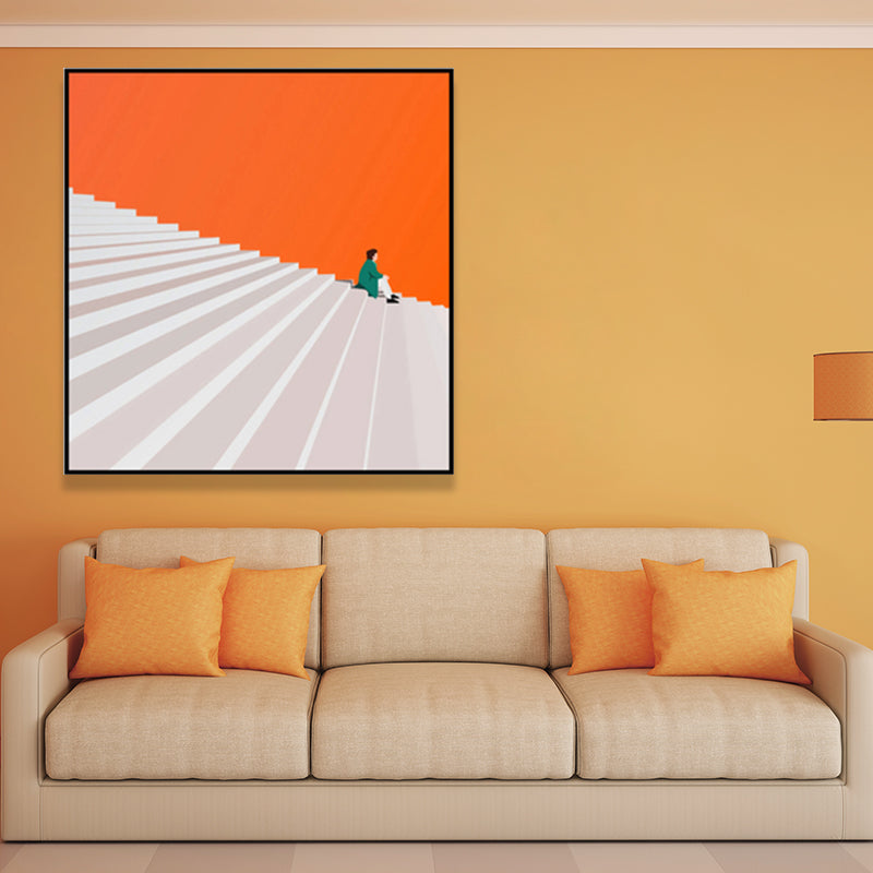 Vivolux | Nordic Man mit Treppenmalerei Stilleben Wandkunst Deco in Orange für Schlafzimmer