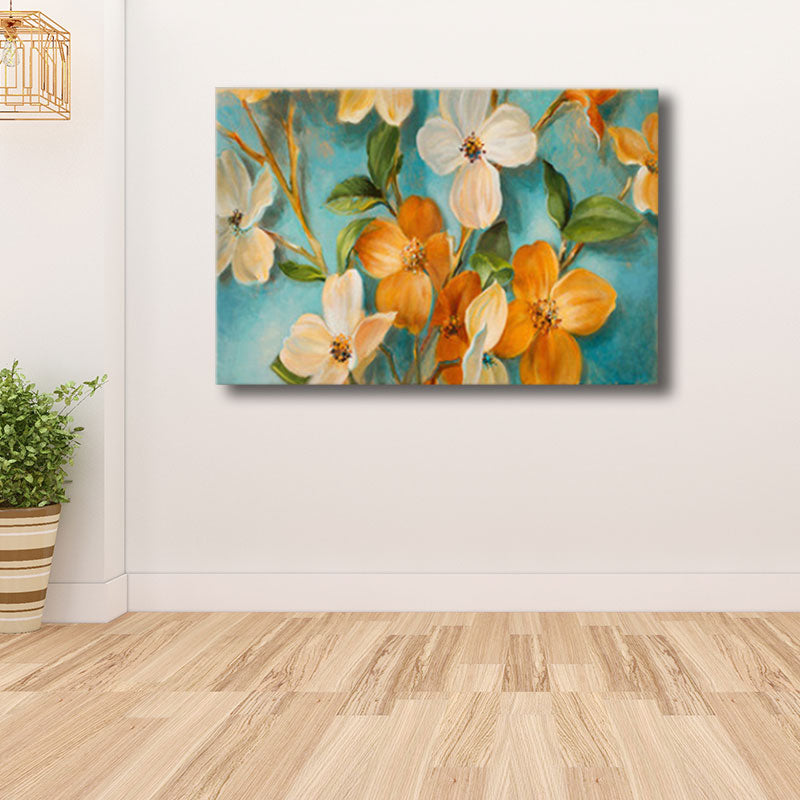 Vivolux | Orange-Weiße Blumenblüte Malerei Texturiertes Bauernhaus Wohnzimmer Wandkunst Druck